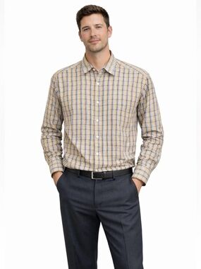 Ermenegildo Zegna Men's Size Large Plaid Butt Shirt Luxury Yellow Blue